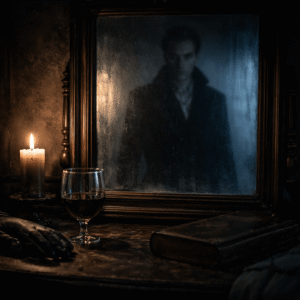 Gothic atmosphere from Ravens Hollow: shadowy figure in antique mirror, candlelight, wine glass, leather book.
