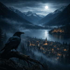 Ravens Hollow on moonlit night — a raven watches over the lake as houses glow and a lodge lights the cliffs in a mysterious mountain valley.