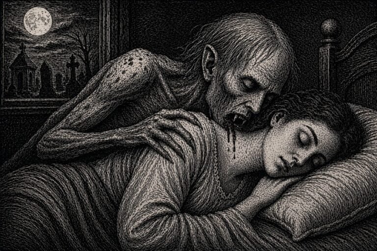 Woodcut of gaunt vampire hovering over victim's neck.