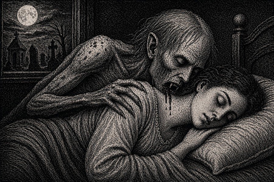 Woodcut of gaunt vampire hovering over victim's neck.