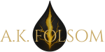 A.K. Folsom vampire urban fantasy author logo featuring black teardrop with gold veins in elegant serif typography