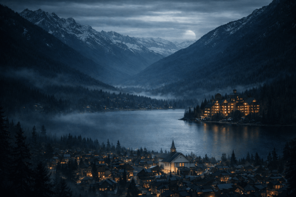 Ravens Hollow at night — village church below misty lake, illuminated Great House on far hillside, moonlit peaks beyond